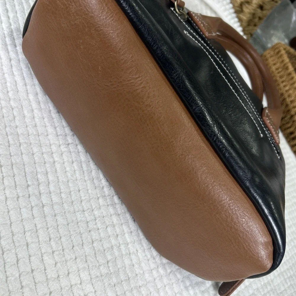 Vtg Stone Mountain Leather Purse Handbag Black and Brown Satchel‎ Clean Classic
